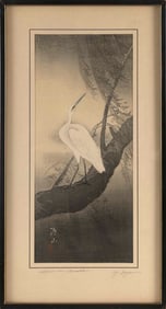 ITO SOZAN (Japan, 1884-1926), Heron on a Branch., Woodblock print, 14" x 6.25" sight. Framed 19.5" x