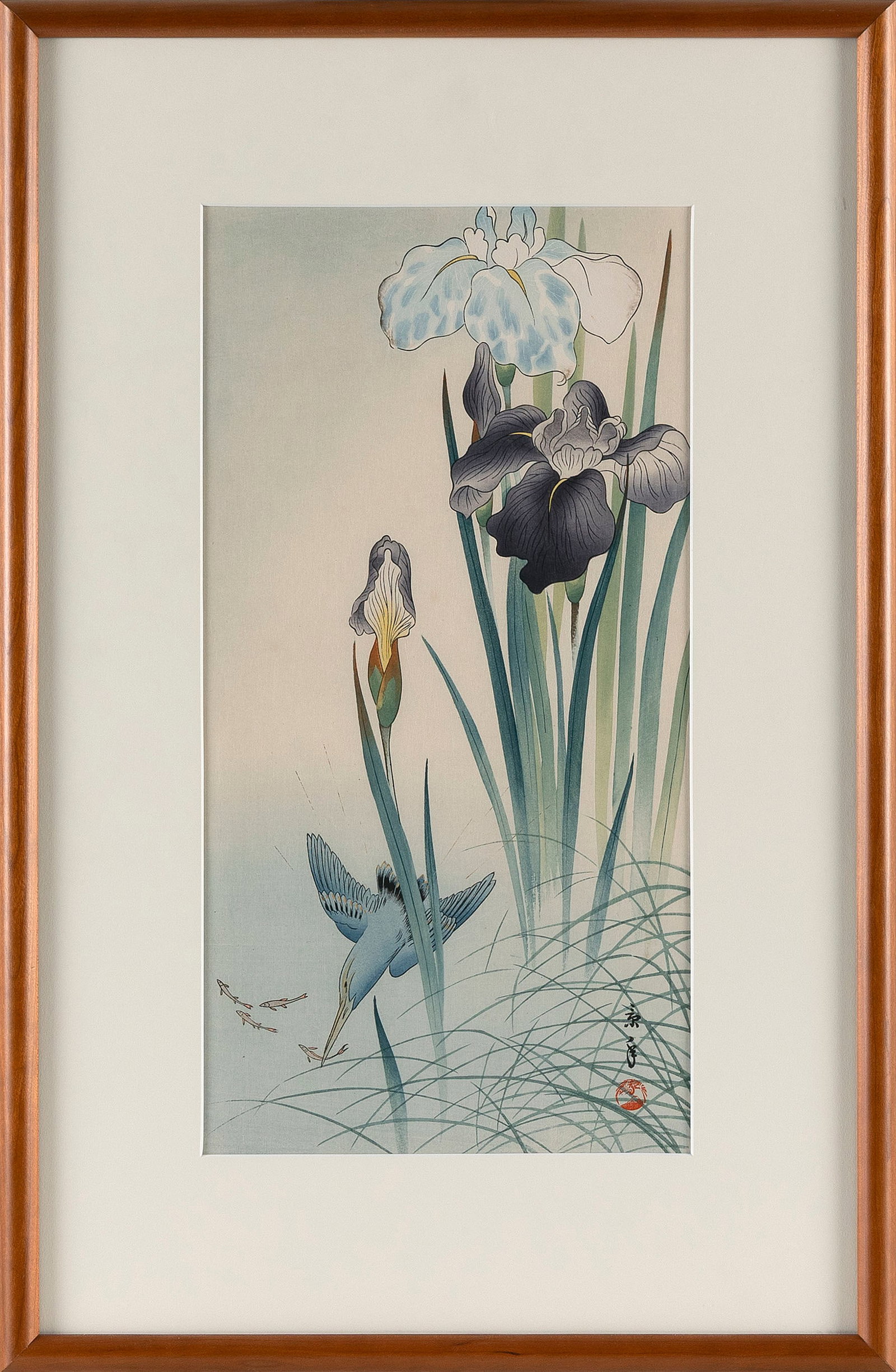 IMAO KEINEN (Japan, 1845-1924), Kingfisher and Irises., Woodblock print, 14.5" x 7.5". Framed 21" x: IMAO KEINEN Japan, 1845-1924 Kingfisher and Irises. Circa 1930s. Noted verso "From the Collection of Robert O. Muller". Woodblock print, 14.5" x 7.5". Framed 21" x 14".