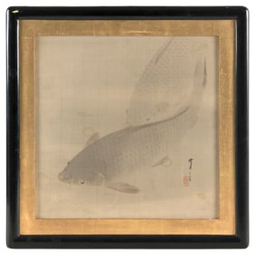 WATANABE SEITEI (Japan, 1852-1918), Two carp., Print on silk, 11.5" x 11.5" sight. Framed 15.5" x