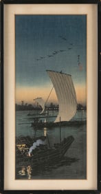 SHOTEI TAKAHASHI (Japan, 1871-1945), River Boats in the Evening., Woodblock print, 14.5" x 6".