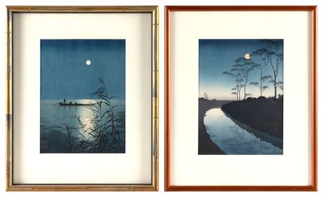 KOHO SHODA (Japan, 1877-1924), Two landscapes: Canal by Moonlight and Moonlit Sea., Woodblock
