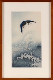 OHARA KOSON (Japan, 1877-1945), Swallow Over Ocean Waves., Woodblock print, 13" x 7" sight. Framed