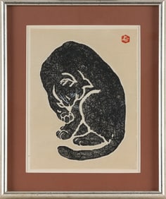 SADANOBU HASEGAWA III (Japan, 1881-1963), "Cat - Cleaning"., Woodblock print, 10.5" x 8" sight.
