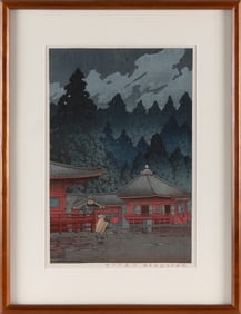 KAWASE HASUI (Japan, 1883-1957), Futatsu Hall in Nikko., Woodblock print, oban tate-e, 15" x 10"
