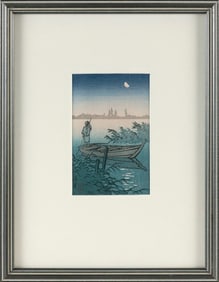 KAWASE HASUI (Japan, 1883-1957), Boating on a Moonlit Night., Woodblock print, 5.5" x 3.5" sight.