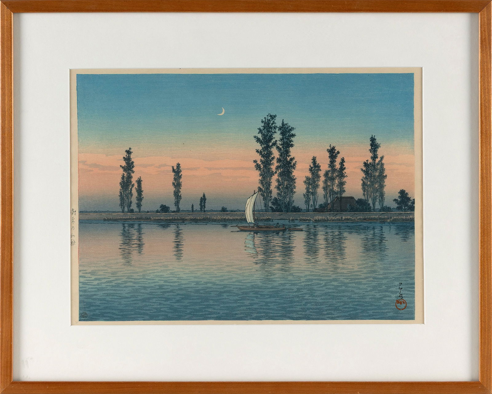 KAWASE HASUI (Japan, 1883-1957), Early Autumn in Itako., Woodblock print, oban yoko-e, 10" x 14": KAWASE HASUIJapan, 1883-1957Early Autumn in Itako. Woodblock print, oban yoko-e, 10" x 14" sight. Sheet size 10.5" x 14.75". Framed under glass 15.75" x 19.75".