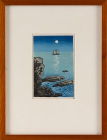 KAWASE HASUI (Japan, 1883-1957), Seascape with Full Moon. (Sailboat and Shore)., Woodblock print, 6"