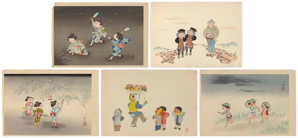 HITOSHI KIYOHARA (Japan, 1896-1956), Four views of children playing., Woodblock prints, oban yoko-e,