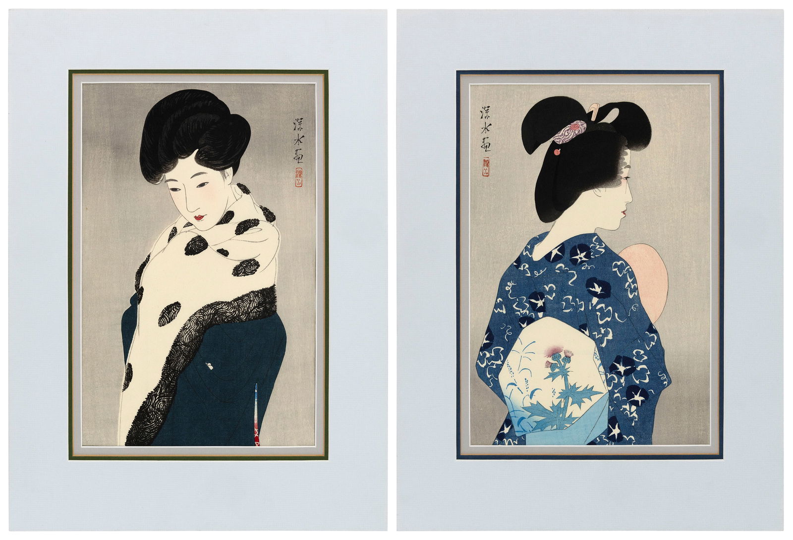 ITO SHINSUI (Japan, 1898-1972), Two Bijin portraits:, Woodblock prints, oban tate-e, 15.25" x 10.5": ITO SHINSUIJapan, 1898-1972Two Bijin portraits: 1) Looks Like Snow.2) Evening Cool.Woodblock prints, oban tate-e, 15.25" x 10.5" and 15.5" x 10.5". Matted 18.5" x 14". Unframed.