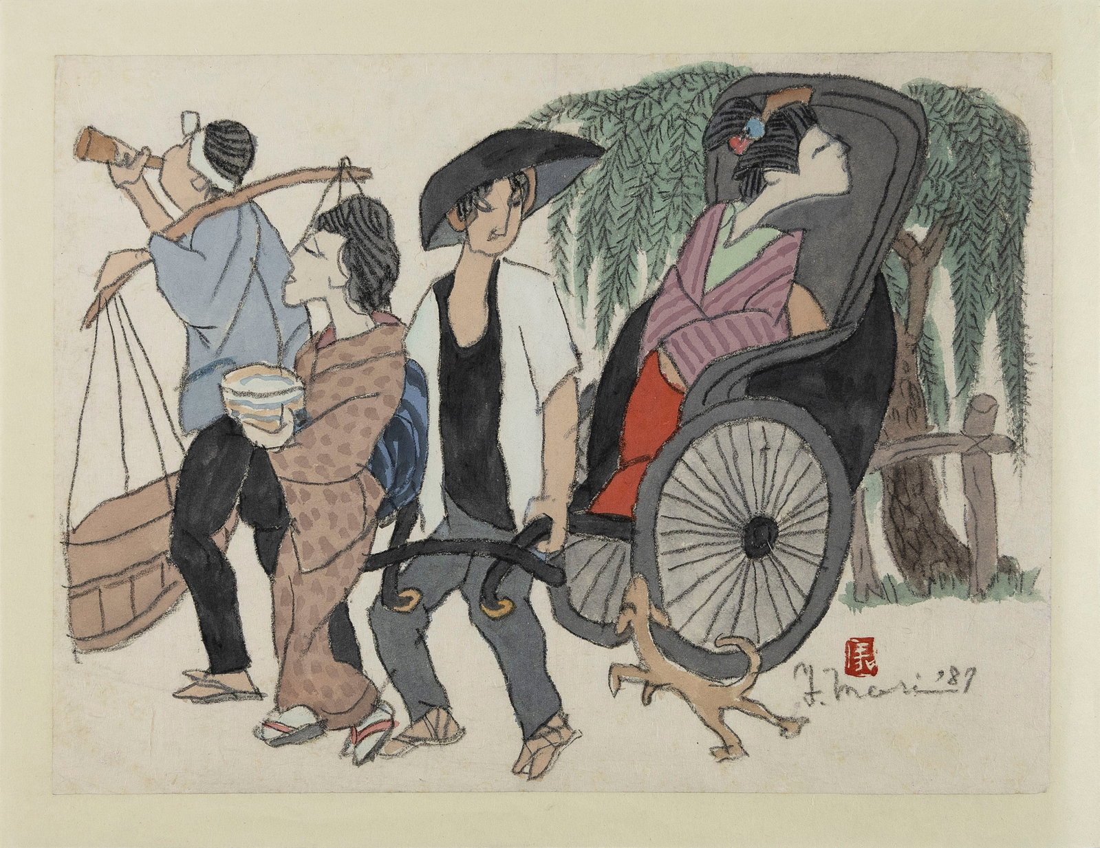 YOSHITOSHI MORI (Japan, 1898-1992), Four figures, two walking and one pulling a lady in a rickshaw.,: YOSHITOSHI MORI Japan, 1898-1992 Four figures, two walking and one pulling a lady in a rickshaw. Seal marked, signed and dated lower right "Y. Mori '87". Mixed media on paper, 11" x 15". Unframed.