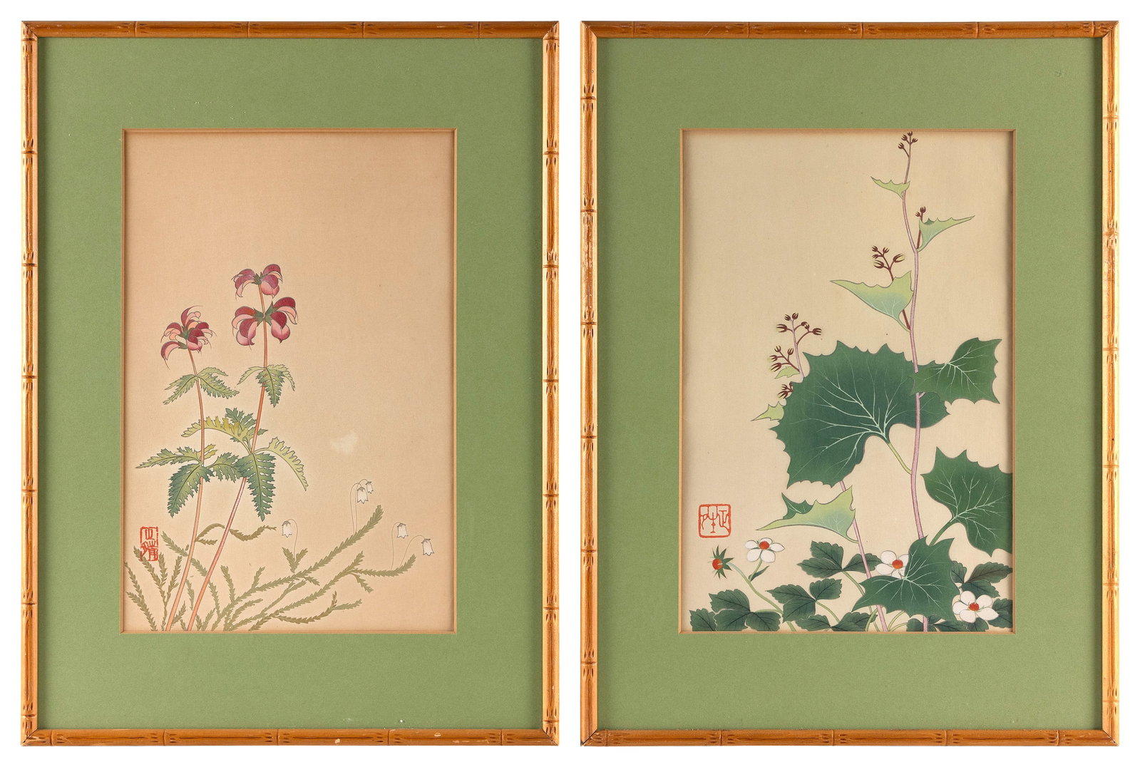 INOUE MASAHARU (Japan, Active Early 20th Century), Two floral studies., Woodblock prints, oban: INOUE MASAHARU Japan, Active Early 20th Century Two floral studies. From the series "Japanese Alpine Plants". Woodblock prints, oban tate-e, 14" x 9.5 sight. Framed 20.5" x 15".