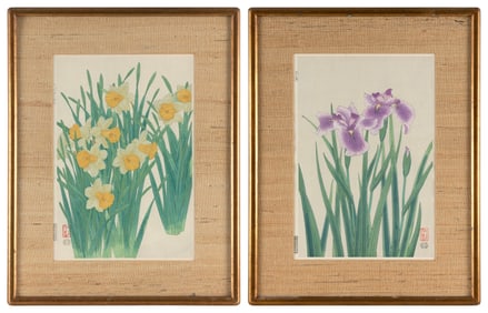 NISABURO ITO (Japan, 1905-2001), Two floral studies:, Woodblock prints, 16" x 11" sight. Framed 24"