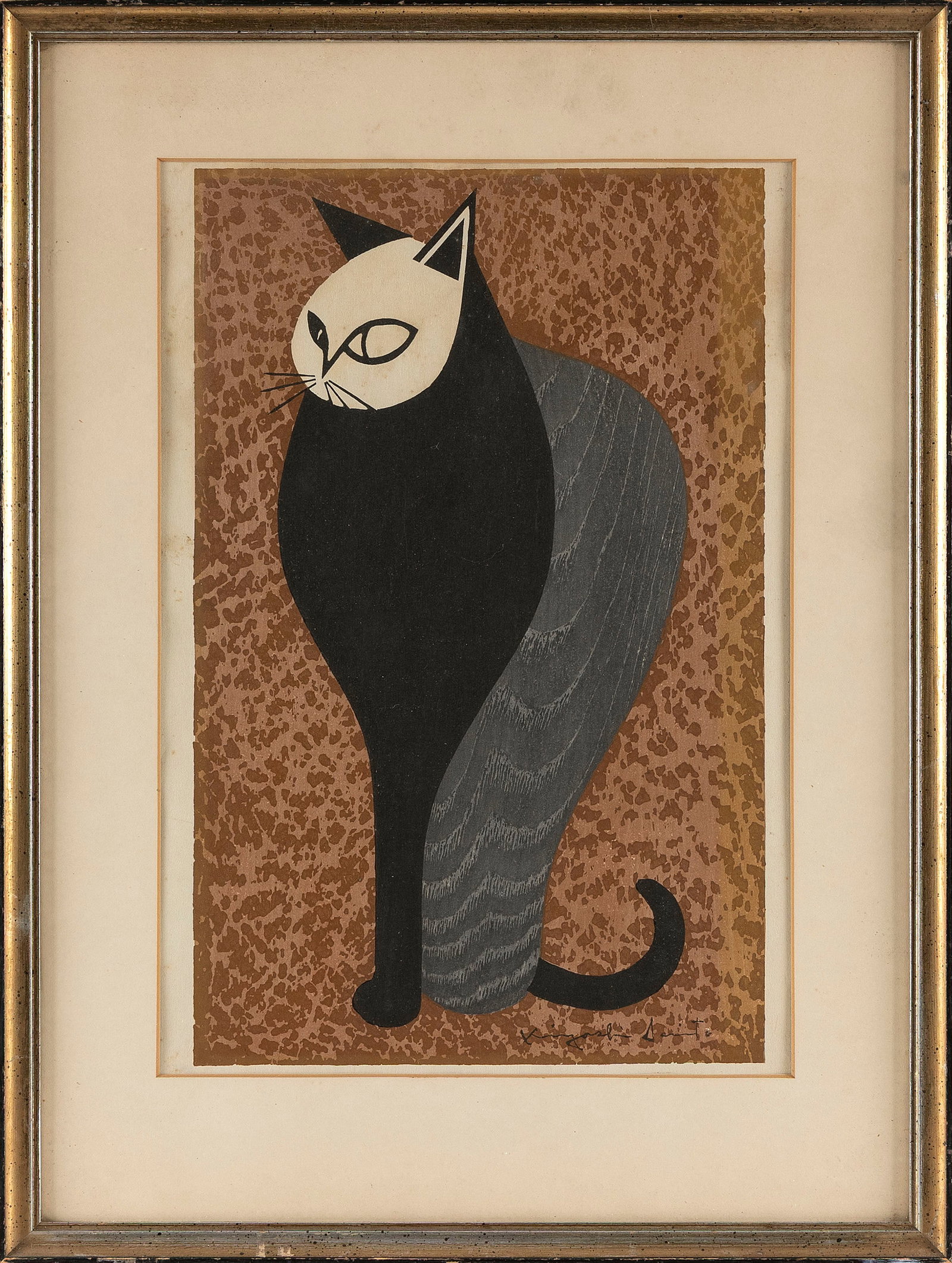 KIYOSHI SAITO (Japan, 1907-1998), Cat., Woodblock print, 14.25" x 9". Framed 20" x 15".: KIYOSHI SAITOJapan, 1907-1998Cat. Signed in image lower right.Woodblock print, 14.25" x 9". Framed 20" x 15".