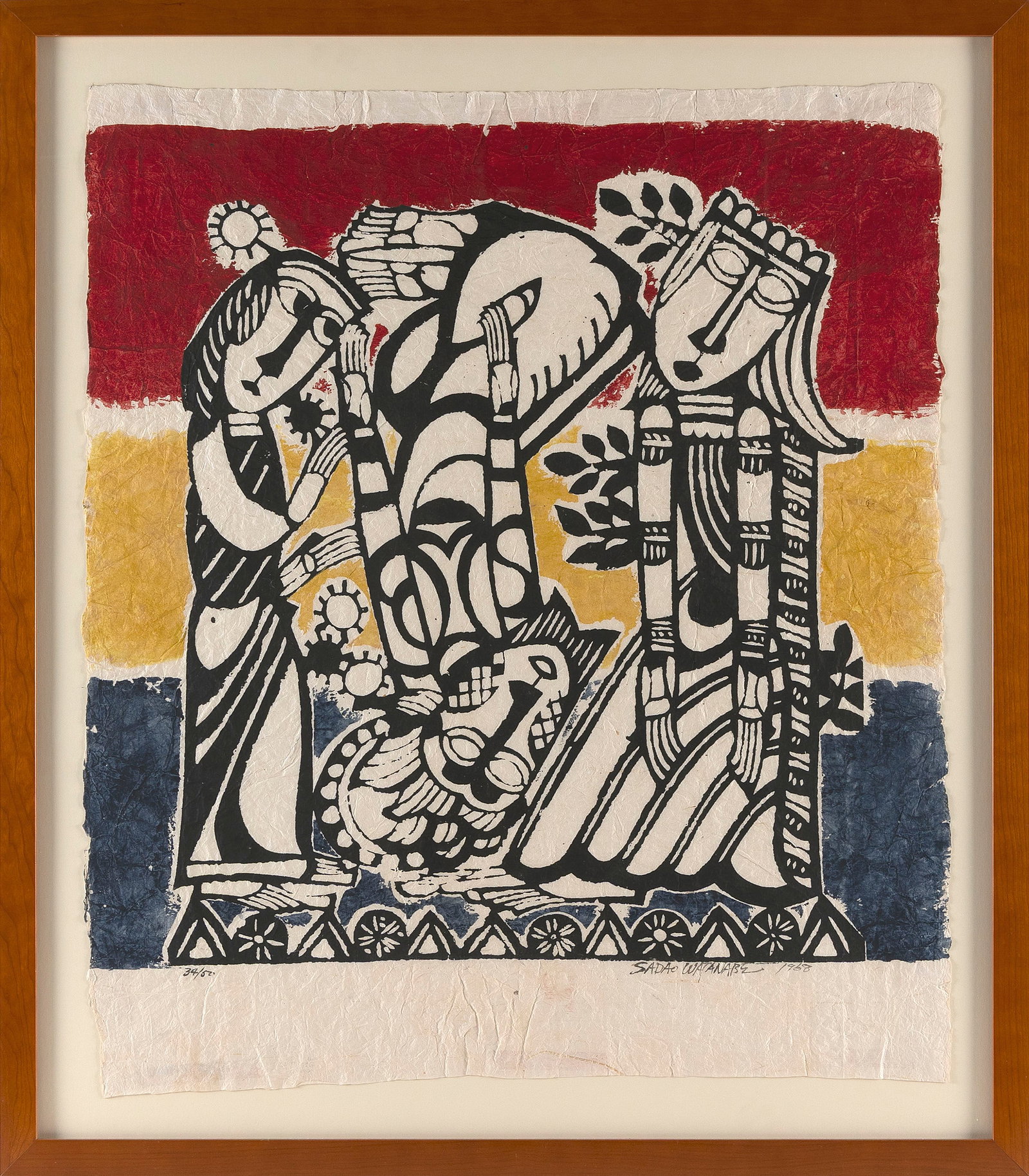 SADAO WATANABE (Japan, 1913-1996), Lamentation Over the Body of Christ., Woodblock print, 27" x 23".: SADAO WATANABE Japan, 1913-1996 Lamentation Over the Body of Christ. Signed, dated 1968 and numbered 34/50 lower margin. Letter of Authenticity from Ronin Gallery affixed verso. Woodblock print, 27" x