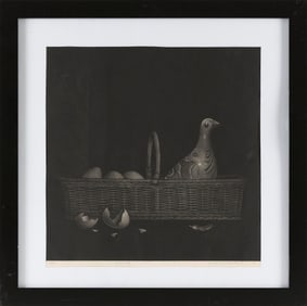 NOBUO SATO (Japan, 1926-2005), Mexican Pigeon., Mezzotint, 14" x 14". Framed 20" x 20".