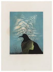 KOICHI SAKAMOTO (Japan, 1932-), Girl and Bird in Profile Under a Cloud-Filled Blue Sky., Mezzotint
