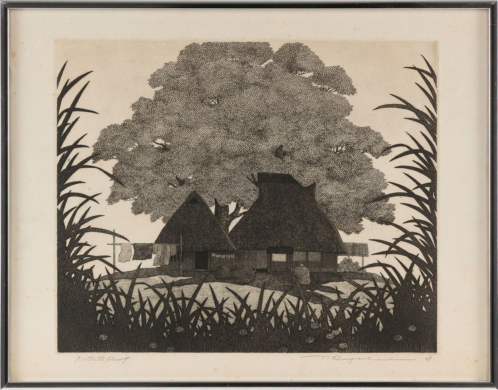 TANAKA RYOHEI (Japan, 1933-2019), My Old Home., Lithograph, 11.5" x 14". Framed 14.5" x 18.5".: TANAKA RYOHEIJapan, 1933-2019My Old Home. An artist's proof. Signed and dated in pencil lower right "T. Ryohei '69".Lithograph, 11.5" x 14". Framed 14.5" x 18.5".