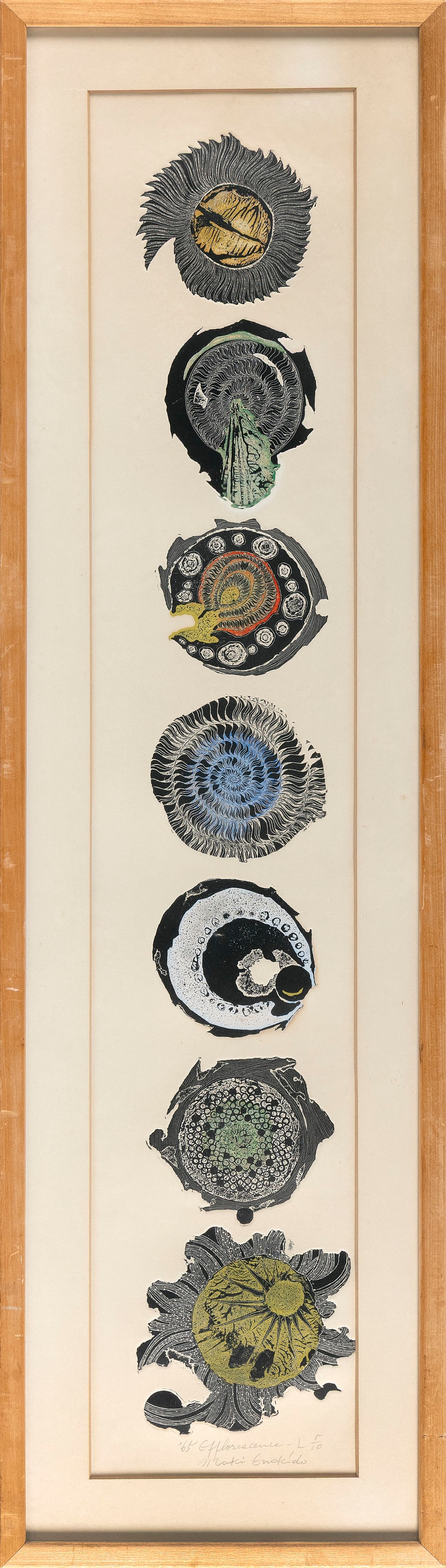 MAKI ENOKIDO (Japan, 1938-), "Efflorescence"., Woodblock print, 36" x 7" sight. Framed 41" x 11.5".: MAKI ENOKIDOJapan, 1938-"Efflorescence". Signed, titled, dated "'65" and numbered 5/10 in pencil lower margin.Woodblock print, 36" x 7" sight. Framed 41" x 11.5".