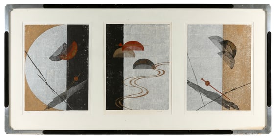 SHOJI OSUGI (Japan, 1945-), Hair Combs., Woodblock print triptych, oban tate-e, 15.25" x 11.5".