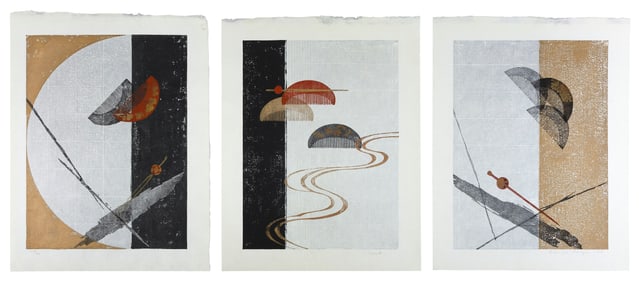 SHOJI OSUGI (Japan, 1945-), Hair Combs., Woodblock print triptych, oban tate-e, 15.25" x 11.5".
