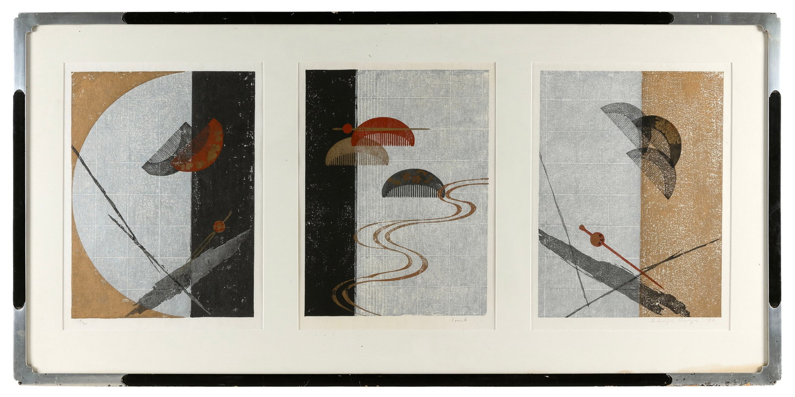 SHOJI OSUGI (Japan, 1945-), Hair Combs., Woodblock print triptych, oban tate-e, 15.25" x 11.5".: SHOJI OSUGI Japan, 1945- Hair Combs. Signed and dated 1983 lower right of right print. Numbered 19/30 lower left of left print. Woodblock print triptych, oban tate-e, 15.25" x 11.5".