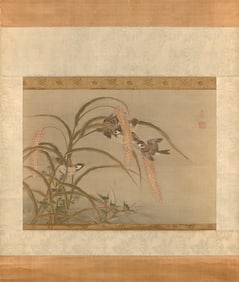 JAPANESE SCROLL PAINTING OF BIRDS AND MILLET Meiji Period On silk, 14" x 20".