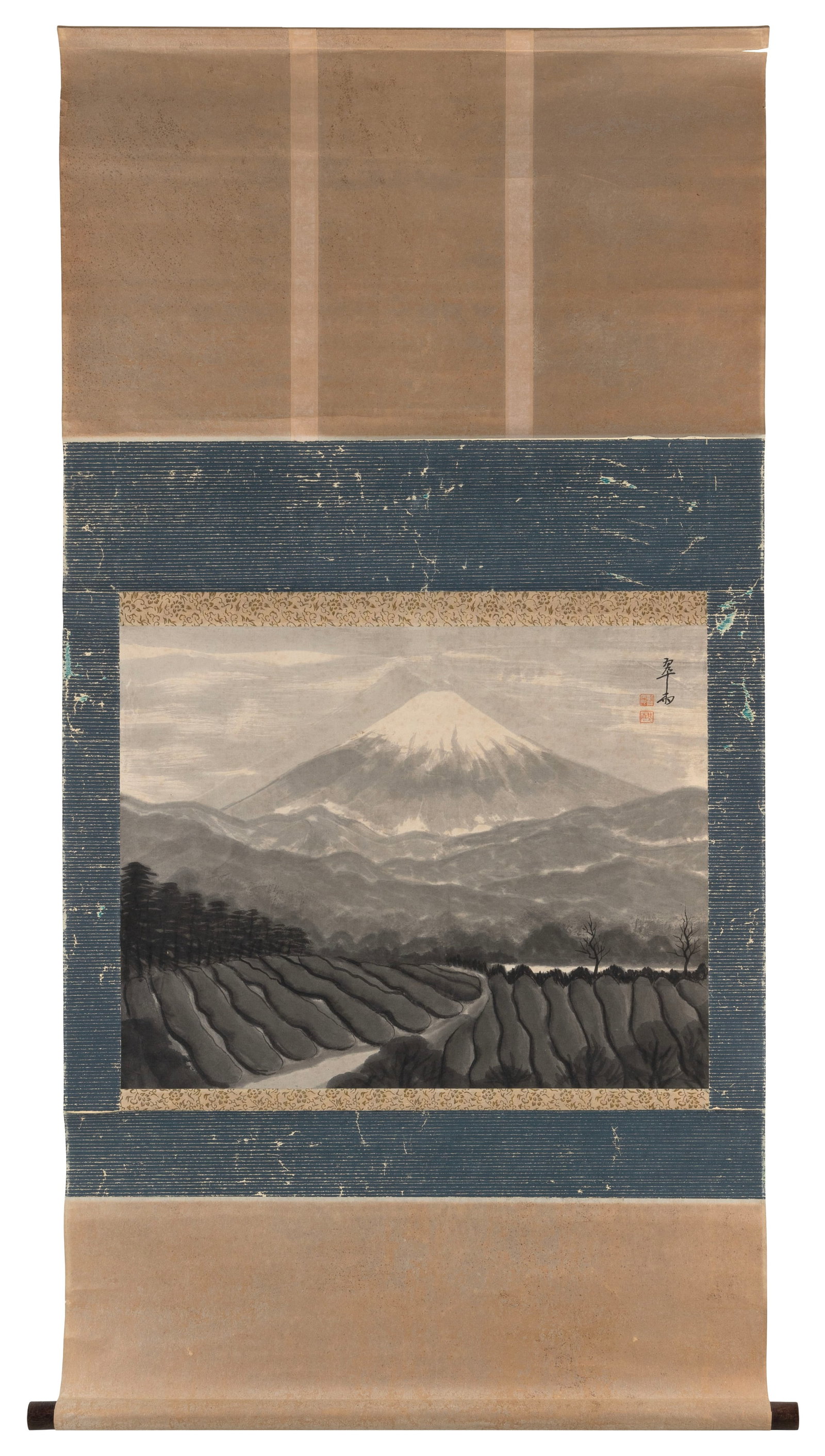 JAPANESE SCROLL PAINTING OF MOUNT FUJI 20th Century On paper, 17.5" x 22.25".: JAPANESE SCROLL PAINTING OF MOUNT FUJI 20th Century Gray winter landscape. Signed and seal marked upper right. On paper, 17.5" x 22.25".