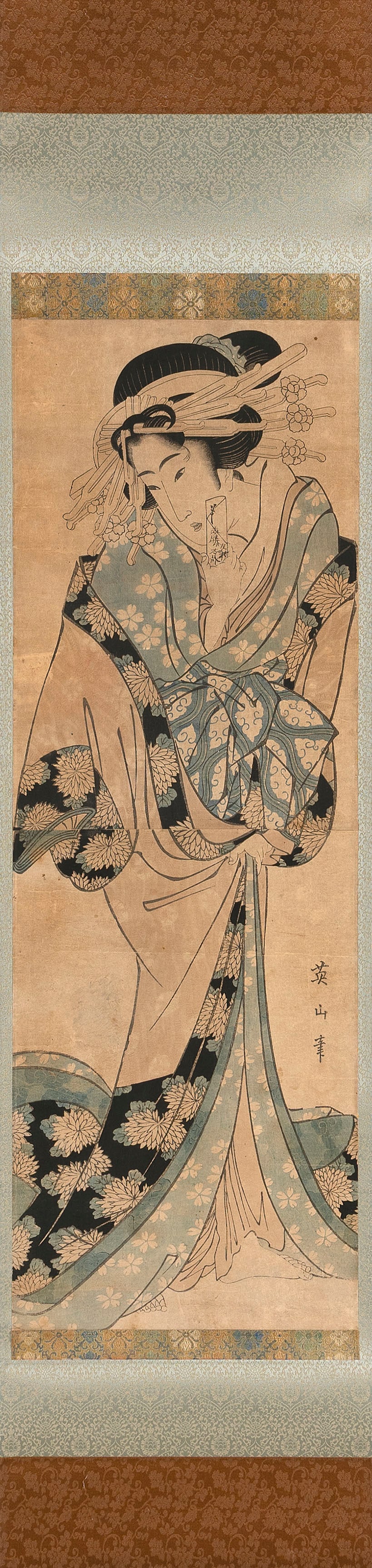 KIKUGAWA EIZAN (Japan, 1787-1867), A Bijin Holding an Envelope., Two woodblock prints mounted on a: KIKUGAWA EIZANJapan, 1787-1867A Bijin Holding an Envelope. Wonderfully detailed kimono with floral designs, the lighter parts with faint impressions of bamboo and traditional geometric patterns. Signe