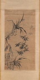 JAPANESE SCROLL PAINTING OF BAMBOO AND ROCKERY Late 19th Century On paper, 25" x 13".