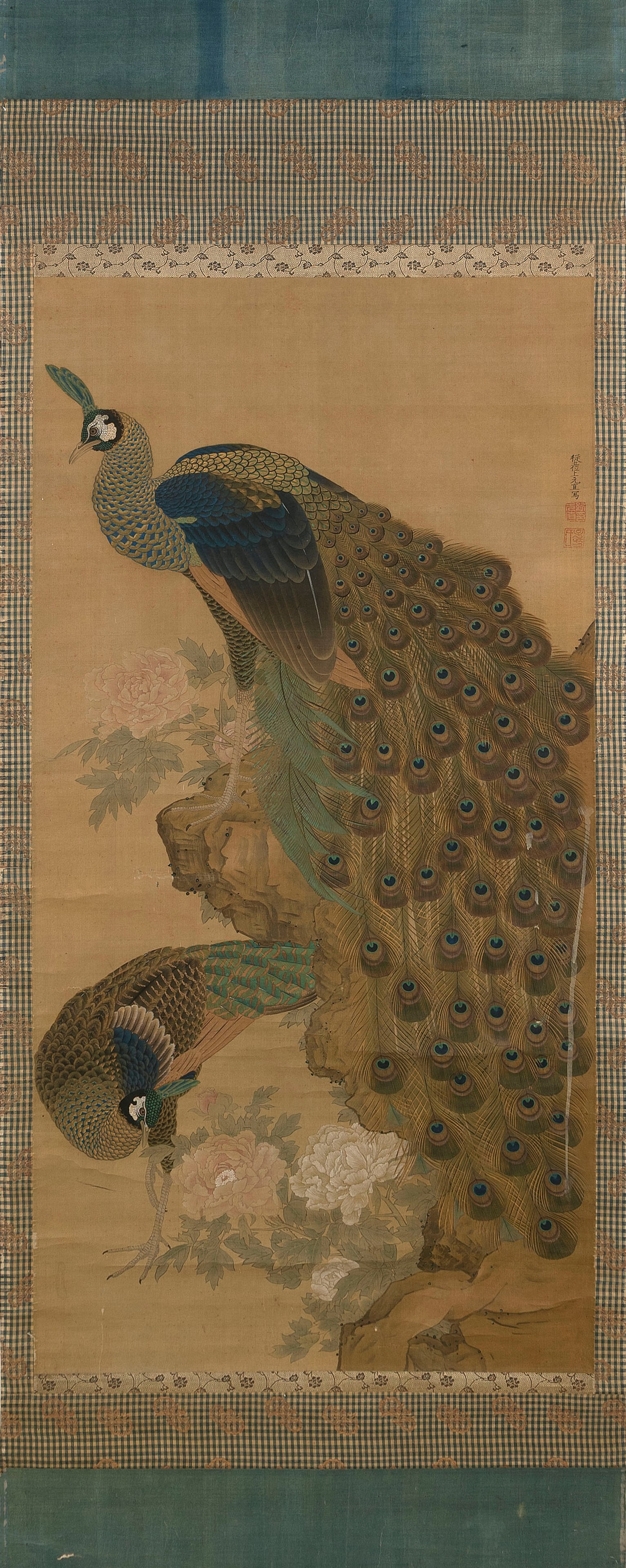 JAPANESE SCROLL PAINTING OF TWO PHEASANTS AND PEONIES Edo Period, Late 19th/Early 20th Century On: JAPANESE SCROLL PAINTING OF TWO PHEASANTS AND PEONIESEdo Period, Late 19th/Early 20th CenturySigned and seal marked upper right.On silk, 45" x 23".