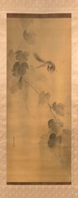 JAPANESE SCROLL PAINTING OF A SQUIRREL JUMPING OFF A LEAFY GRAPE VINE 19th Century On silk, 49" x