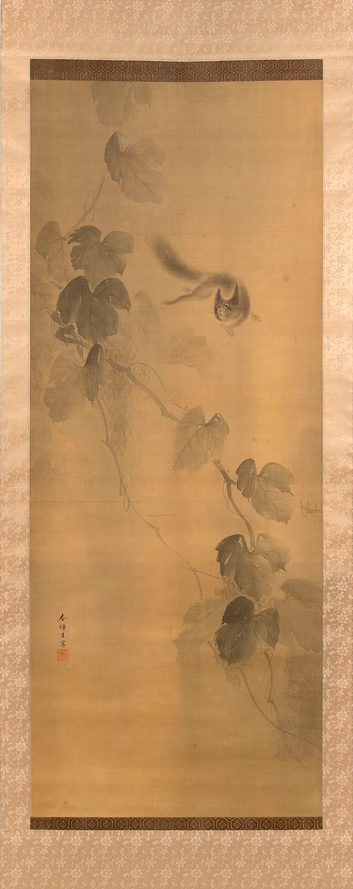 JAPANESE SCROLL PAINTING OF A SQUIRREL JUMPING OFF A LEAFY GRAPE VINE 19th Century On silk, 49" x: JAPANESE SCROLL PAINTING OF A SQUIRREL JUMPING OFF A LEAFY GRAPE VINE19th CenturySigned "Shunki [...]" and seal marked lower left.On silk, 49" x 19.5".