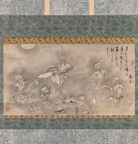 AMUSING JAPANESE SCROLL PAINTING IN THE MANNER OF KAWANABE KYOSAI 19th Century On paper, 12" x