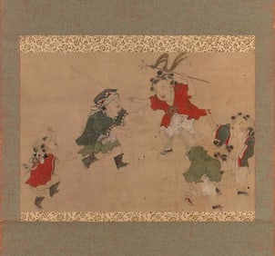JAPANESE SCROLL PAINTING OF CHILDREN PLAYING BLIND MAN'S BLUFF 19th Century On paper, 13" x 19".