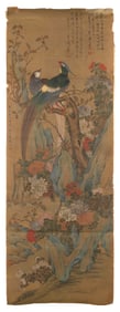 JAPANESE SCROLL PAINTING OF TWO EXOTIC BIRDS, 19th Century On silk, 56" x 21".