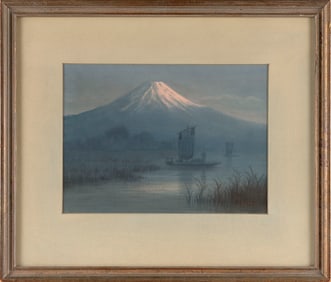 K. SEKI (Japan, First Half of the 20th Century), Boatman on a River and a Distant Mount Fuji.,
