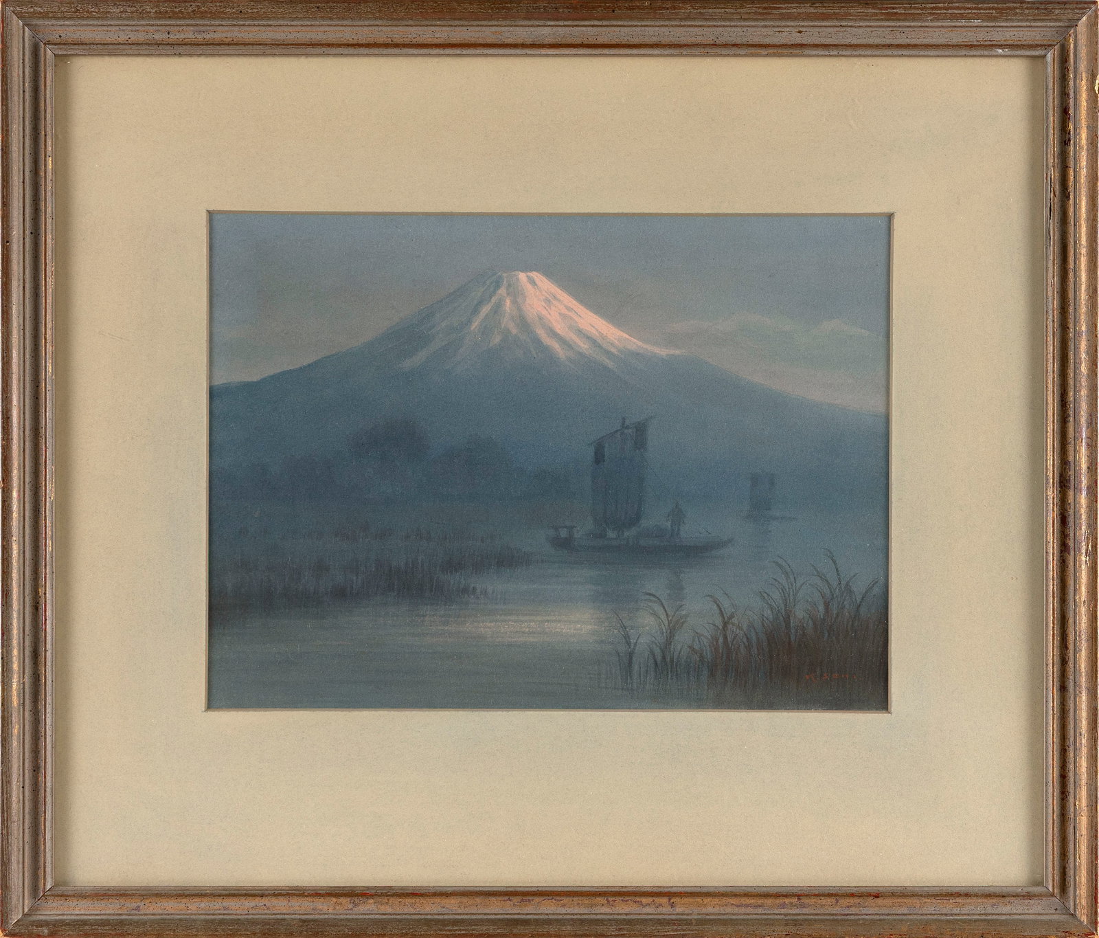 K. SEKI (Japan, First Half of the 20th Century), Boatman on a River and a Distant Mount Fuji.,: K. SEKI Japan, First Half of the 20th Century Boatman on a River and a Distant Mount Fuji. Signed lower right "K. Seki". Watercolor on paper, 9" x 12.5" sight. Framed 17" x 20.5".
