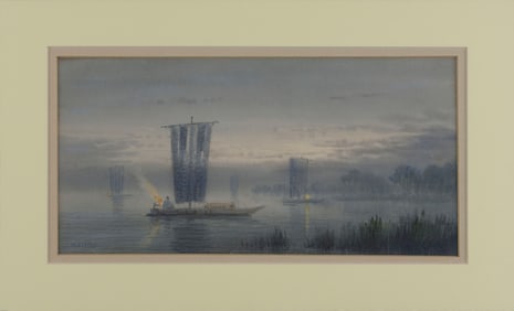 T. KEISHU (Japan, 20th Century), Western-style work of sailboats on a lake at dusk., Watercolor on