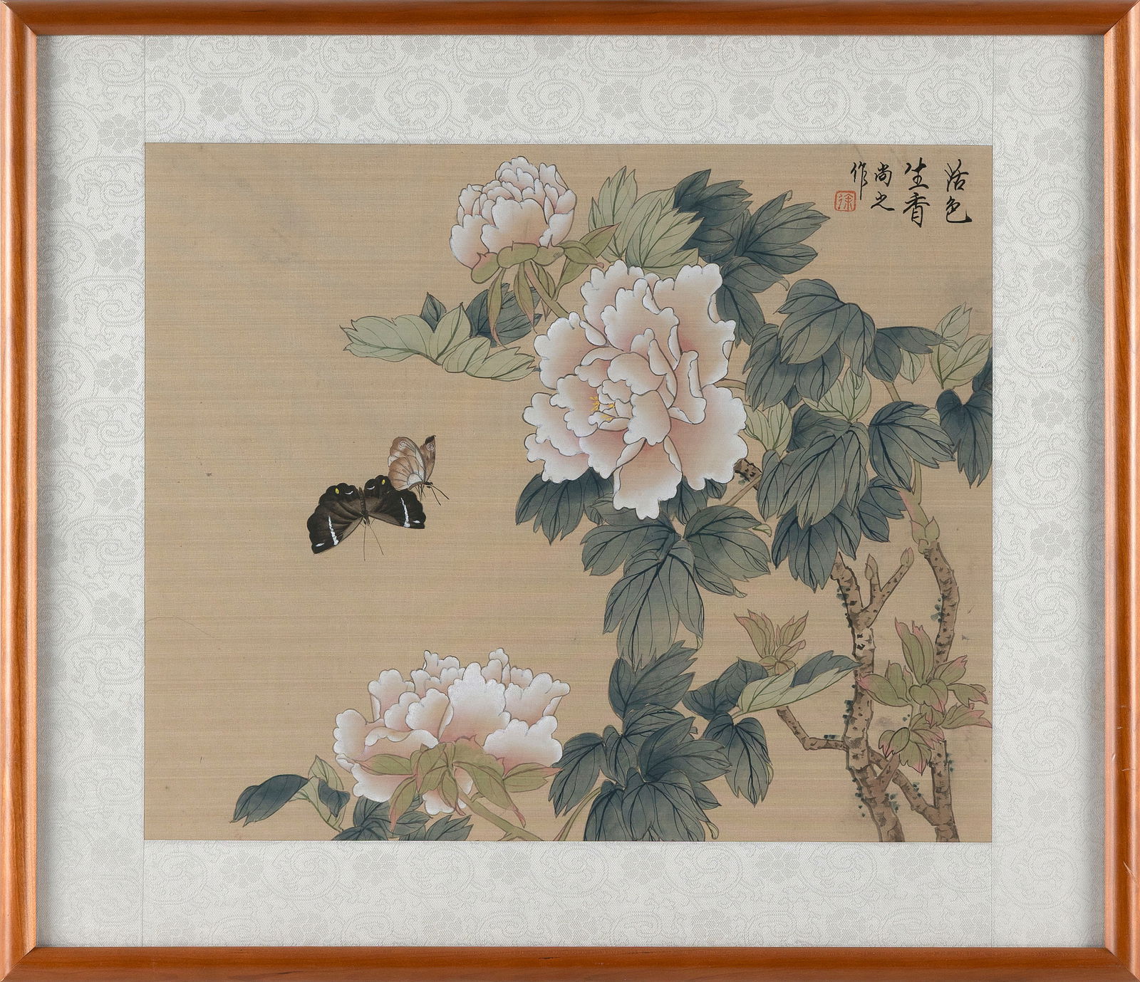 JAPANESE WATERCOLOR PAINTING OF BUTTERFLIES AND A PEONY TREE Late 19th Century On silk, 11.5" x 14": JAPANESE WATERCOLOR PAINTING OF BUTTERFLIES AND A PEONY TREELate 19th CenturySigned and seal marked upper right.On silk, 11.5" x 14" sight. Framed 16" x 19".