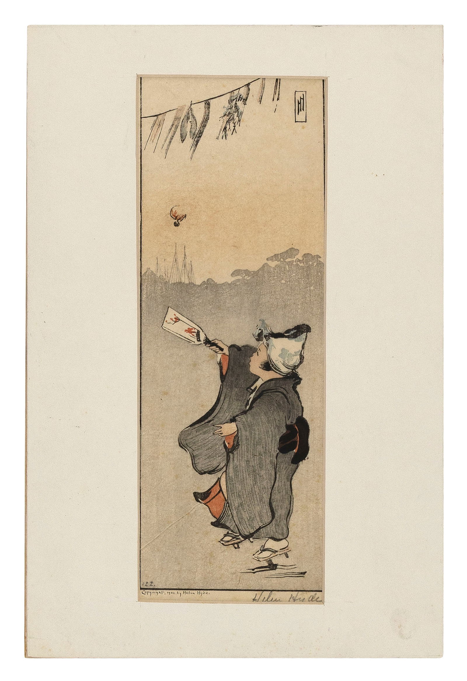 HELEN HYDE (California/Japan, 1868-1919), A Child of the People., Woodblock print, 11.5" x 4.5".: HELEN HYDECalifornia/Japan, 1868-1919A Child of the People. Depicts a child playing with a paddle toy. Signed in pencil lower right.Woodblock print, 11.5" x 4.5". Matted 13" x 8.5". Unframed.