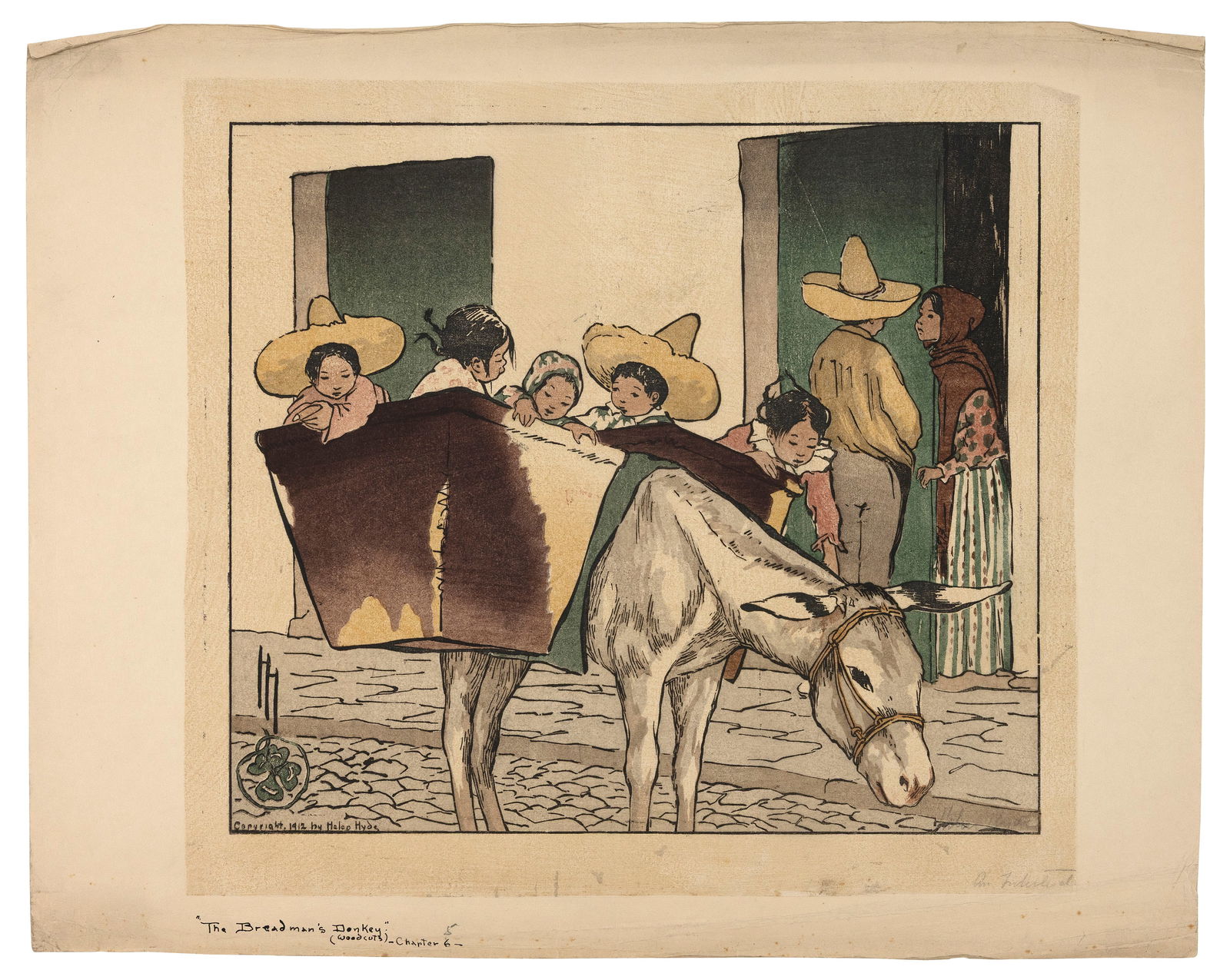 HELEN HYDE (California/Japan, 1868-1919), "The Breadman's Donkey"., Woodblock print, 12.75" x 14".: HELEN HYDECalifornia/Japan, 1868-1919"The Breadman's Donkey". Signed in image lower right. Titled lower left and inscribed "(Woodcuts), chapter 6", the 6 crossed out and penciled "5". Dated 1912.Woodb