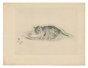 LEONARD TSUGUHARU FOUJITA (Japan/France, 1886-1968), Cat Drinking, from "A Book of Cats"., Etching