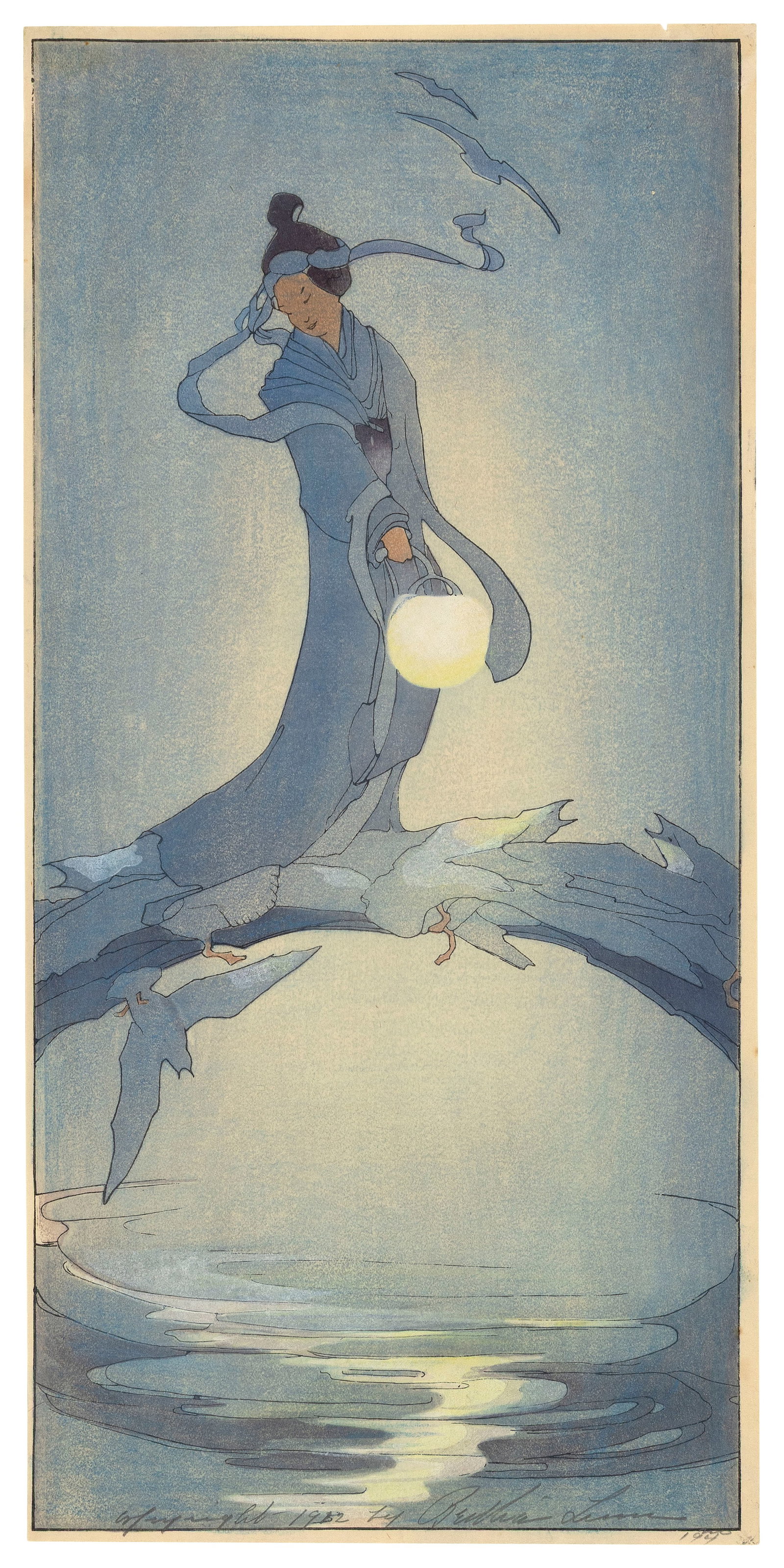 BERTHA BOYNTON BULL LUM (California/Iowa/Italy, 1869-1954), "Tanabata"., Woodblock print, 15" x: BERTHA BOYNTON BULL LUM California/Iowa/Italy, 1869-1954 "Tanabata". Signed, titled and dated 1912 in image. Copyright 1912 lower right margin. Woodblock print, 15" x 7.25". Matted 18.75" x 9.25". Unf