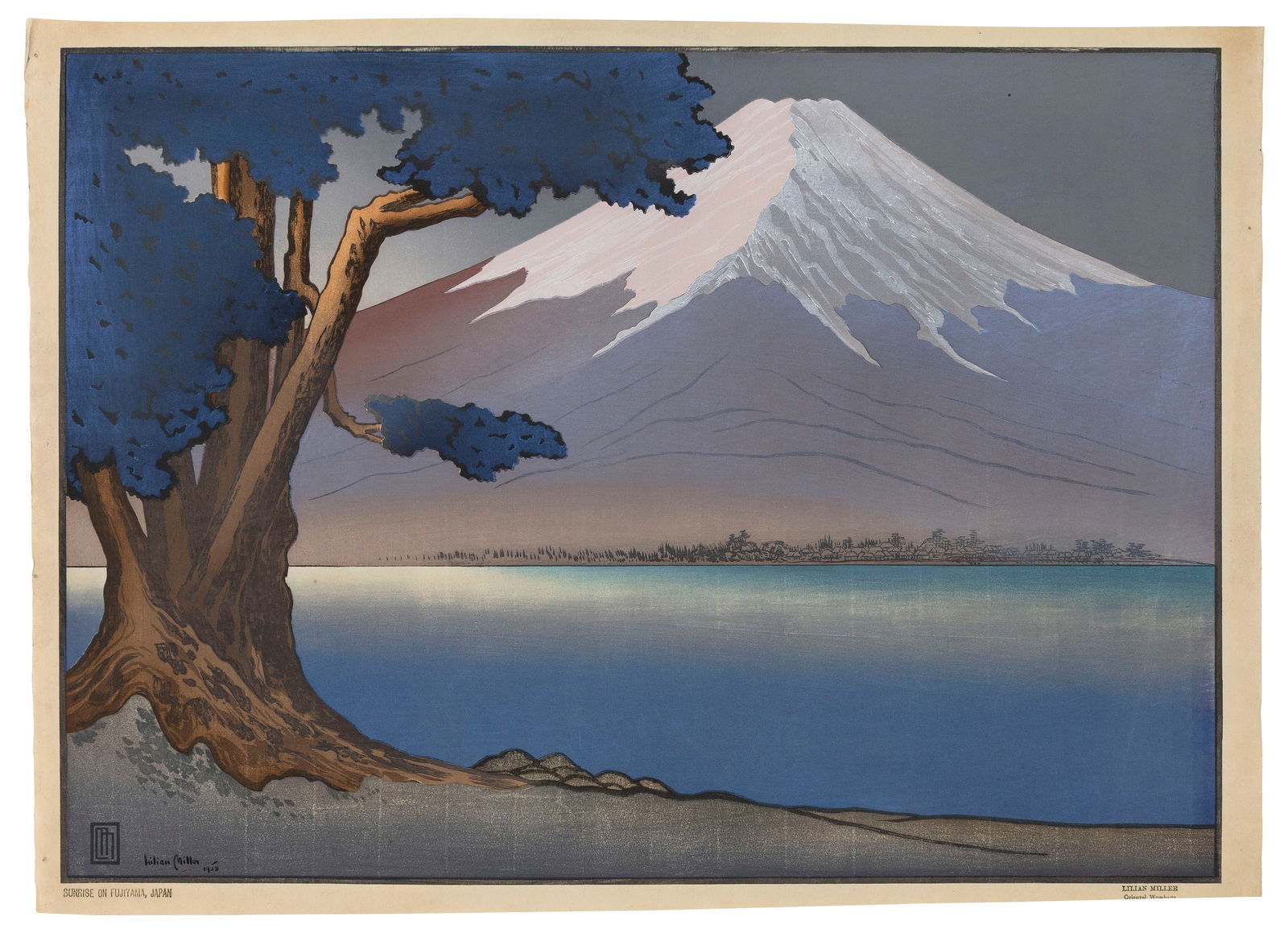 LILIAN MAY MILLER (California, 1895-1943), "Sunrise on Fujiyama, Japan"., Woodblock print, dai oban: LILIAN MAY MILLERCalifornia, 1895-1943"Sunrise on Fujiyama, Japan". Printed signature, monogram and dated 1928 in image lower left. Printed title and "Lilian Miller Oriental Woodcuts" in lower margin.