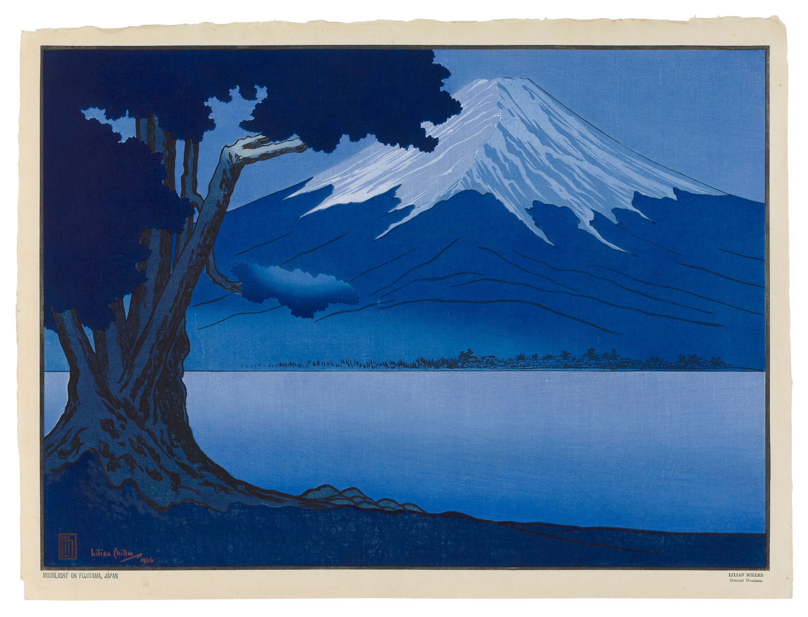 LILIAN MAY MILLER (California, 1895-1943), "Moonlight on Fujiyama, Japan"., Woodblock print, dai: LILIAN MAY MILLERCalifornia, 1895-1943"Moonlight on Fujiyama, Japan". Printed signature, monogram and dated 1928 in image lower left. Printed title and "Lilian Miller Oriental Woodcuts" in lower margi