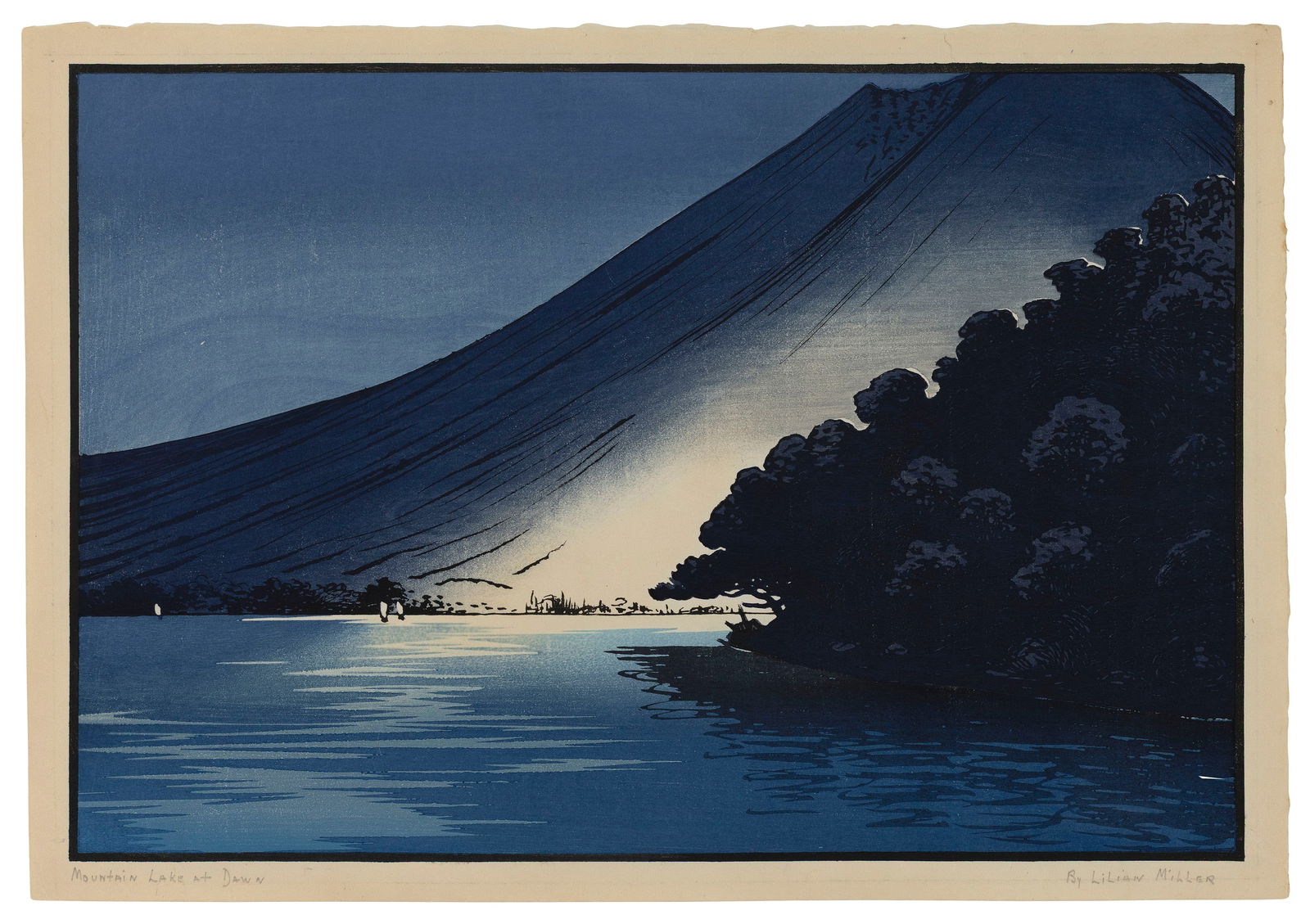 LILIAN MAY MILLER (California, 1895-1943), "Mountain Lake at Dawn", Woodblock print, oban yoko-e,: LILIAN MAY MILLERCalifornia, 1895-1943"Mountain Lake at Dawn", circa 1934. Signed lower right. Titled lower left.Woodblock print, oban yoko-e, 13" x 18.75". Unframed. Illustrated:Between Two Wor