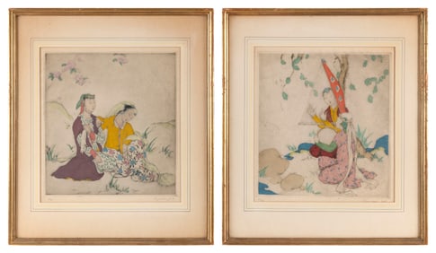 ELYSE ASHE (EA) LORD (England, 1900-1971), Pair of figural scenes., Colored drypoint etchings,