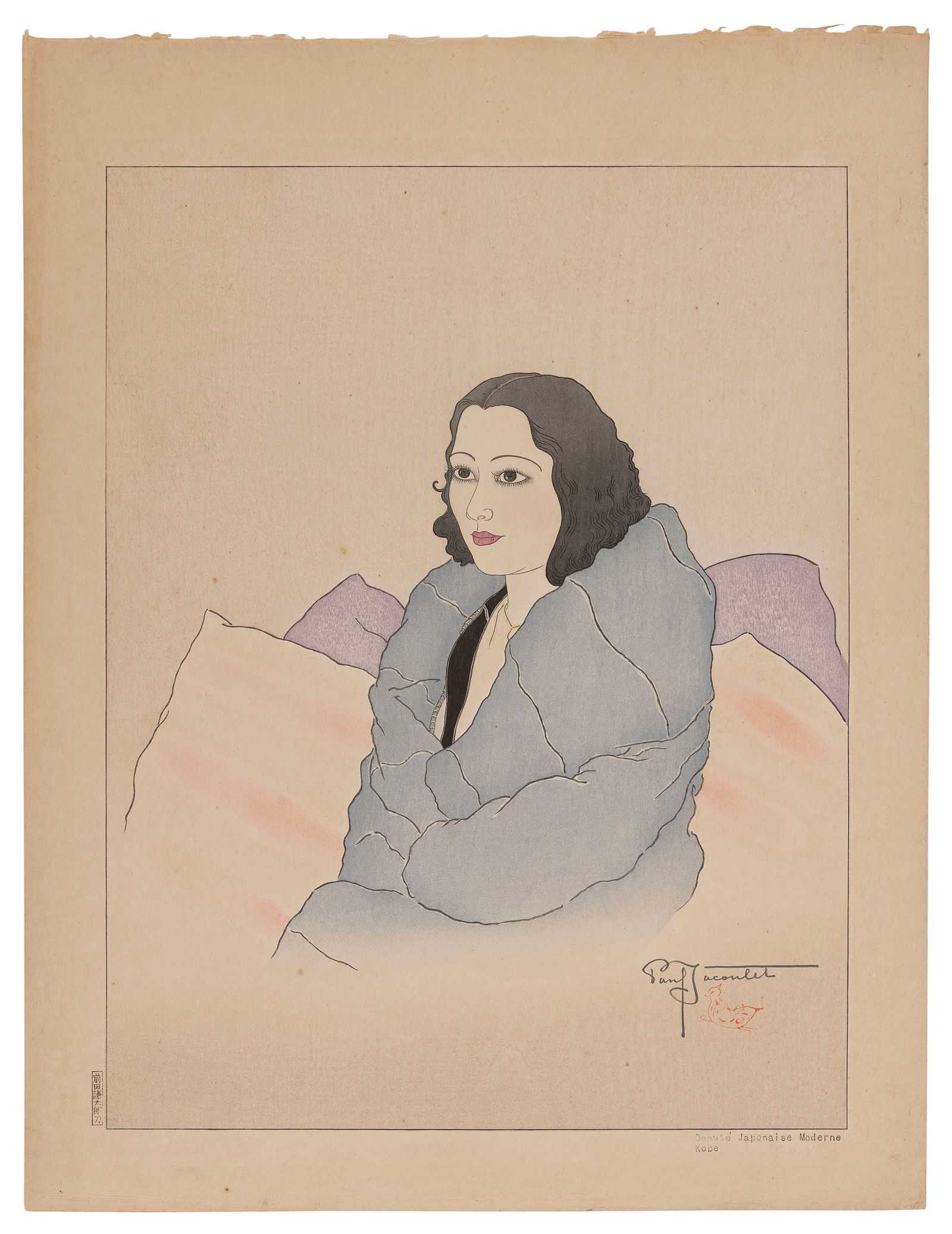 PAUL JACOULET (France/Japan, 1902-1960), Beaute Japonaise Modern. Kobe. (#28)., Woodblock print, 19": PAUL JACOULETFrance/Japan, 1902-1960Beaute Japonaise Modern. Kobe. (#28). Signed in pencil above the Mandarin Duck seal. Seal of the carver, Kentaro Maeda, lower left. Red hand-numbered limited editio