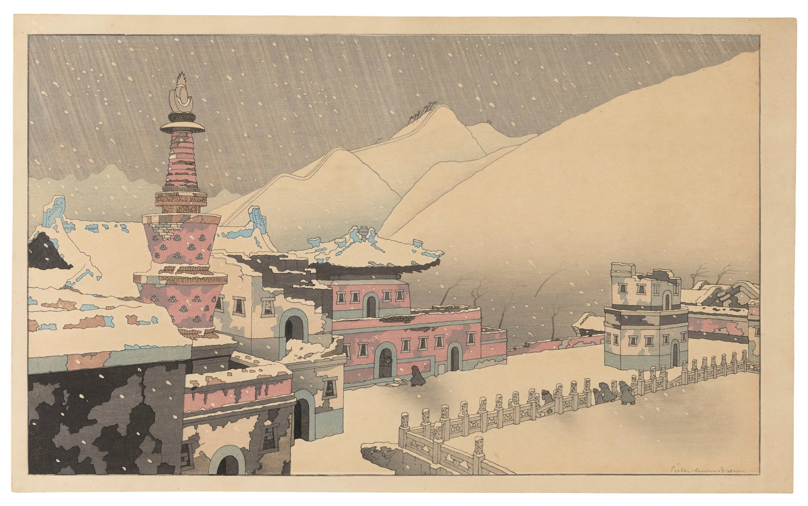 PIETER IRWIN BROWN (The Netherlands/Ireland, 1903-1988), Temple at Jeol in a Snowstorm., Woodblock: PIETER IRWIN BROWN The Netherlands/Ireland, 1903-1988 Temple at Jeol in a Snowstorm. Signed lower right. Woodblock print, 13" x 21.5". Unframed.