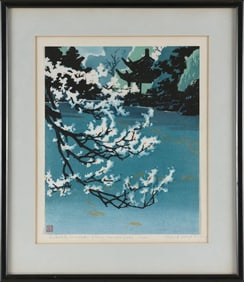 ZHANG GUFENG (China, 1939-), "Huagang Guanyu (Flower Lake Look Fish)"., Woodblock print, 12.5" x